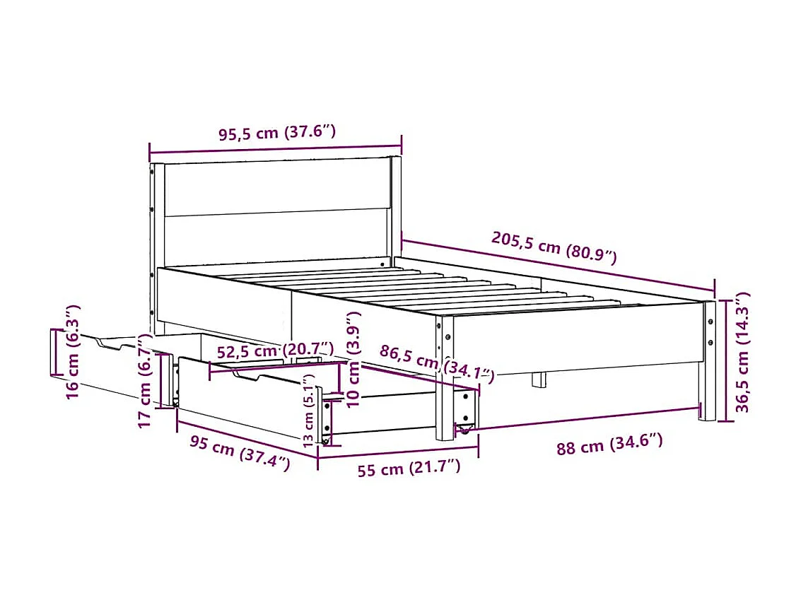 Cadre de lit sans matelas cire marron 90x200 cm bois pin massif