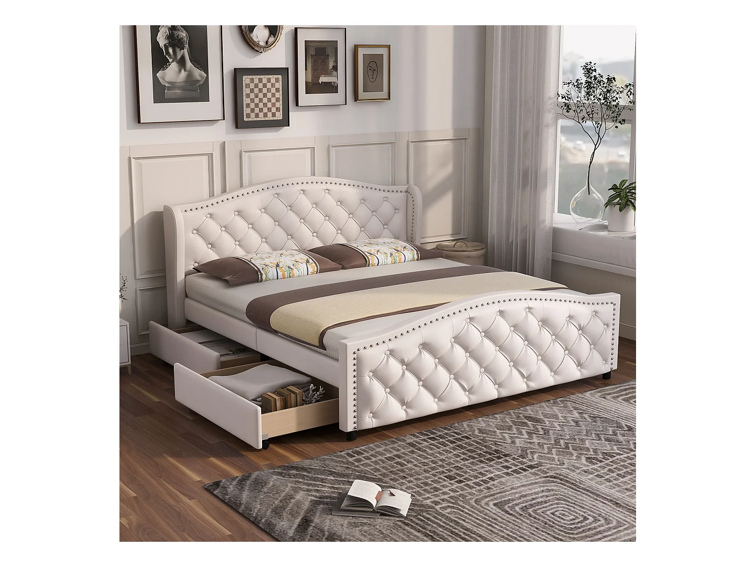 Lit double 140x200 cm bianco con sommier e 2 tiroirs de rangement tête de lit capitonnée PU