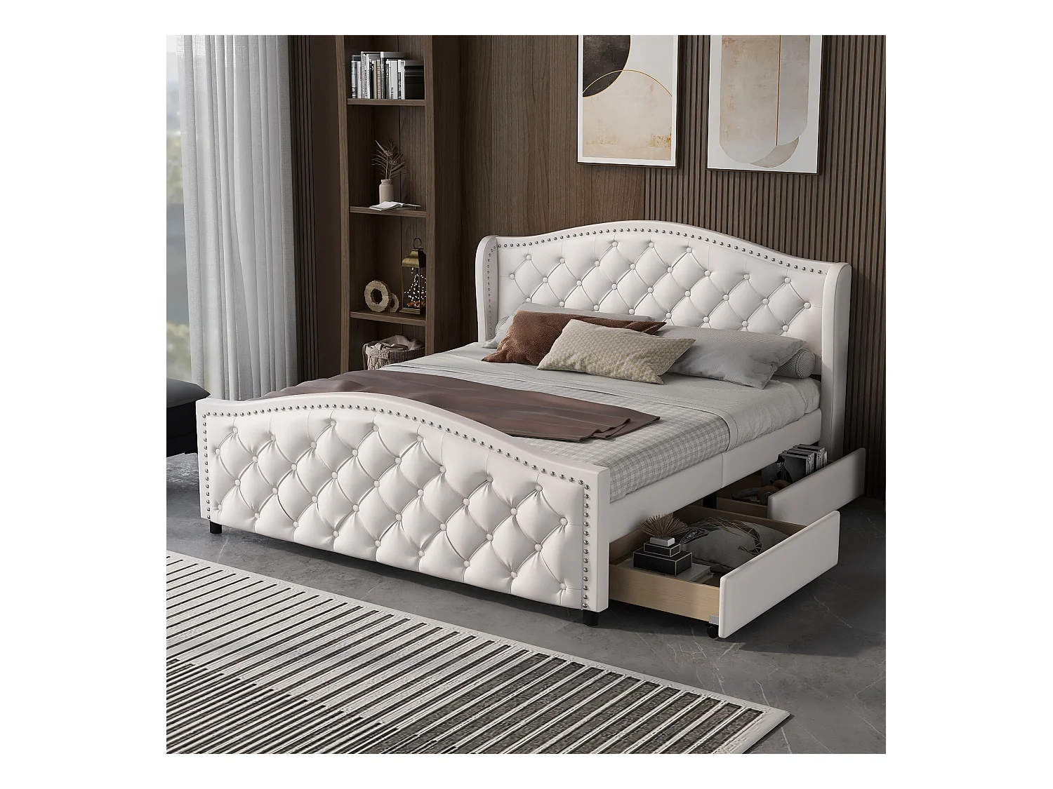 Lit double 140x200 cm bianco con sommier e 2 tiroirs de rangement tête de lit capitonnée PU