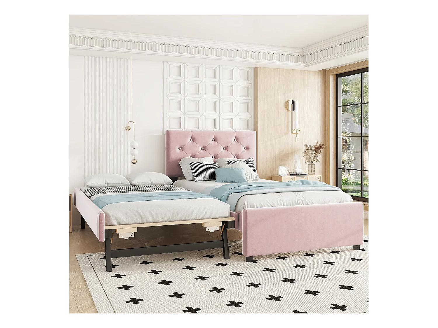 Lit 90x200cm en velours rose con lit gigogne et sommier incluso