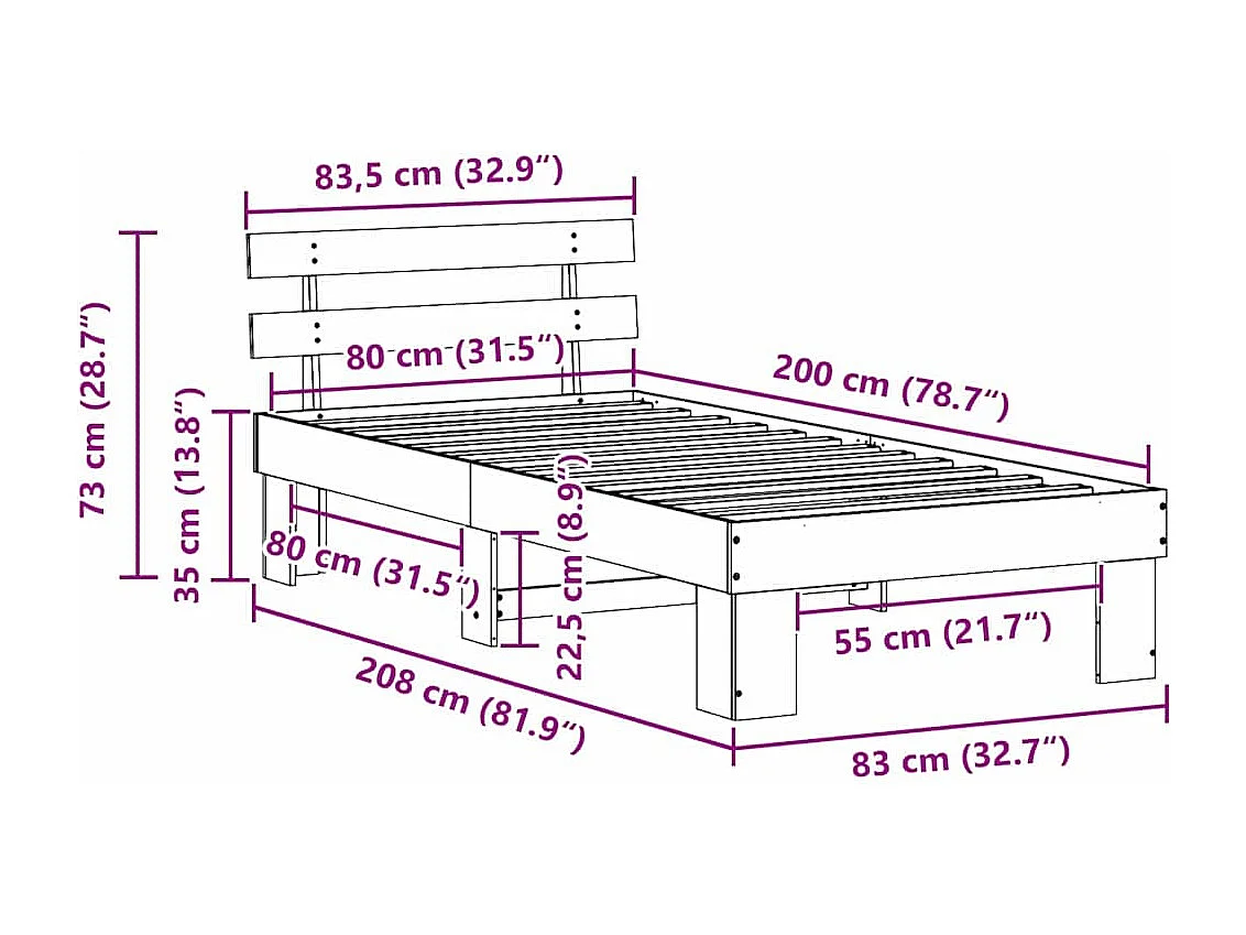 Cadre de lit avec tête de lit Naturel 80 x 200 cm Pin massif