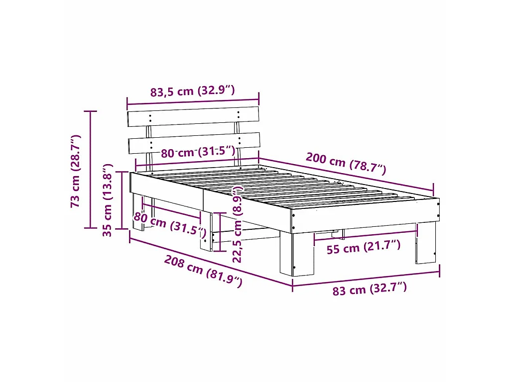 Bedframe met hoofdeinde Naturel 80 x 200 cm Massief grenenhout