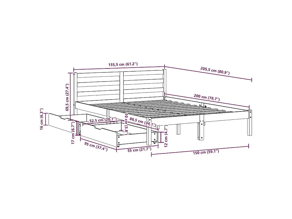 Cadre de lit sans matelas cire marron 150x200cm bois pin massif
