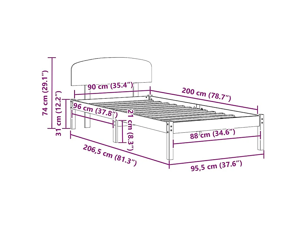 Bedframe met hoofdeinde Naturel 90 x 200 cm Massief grenenhout