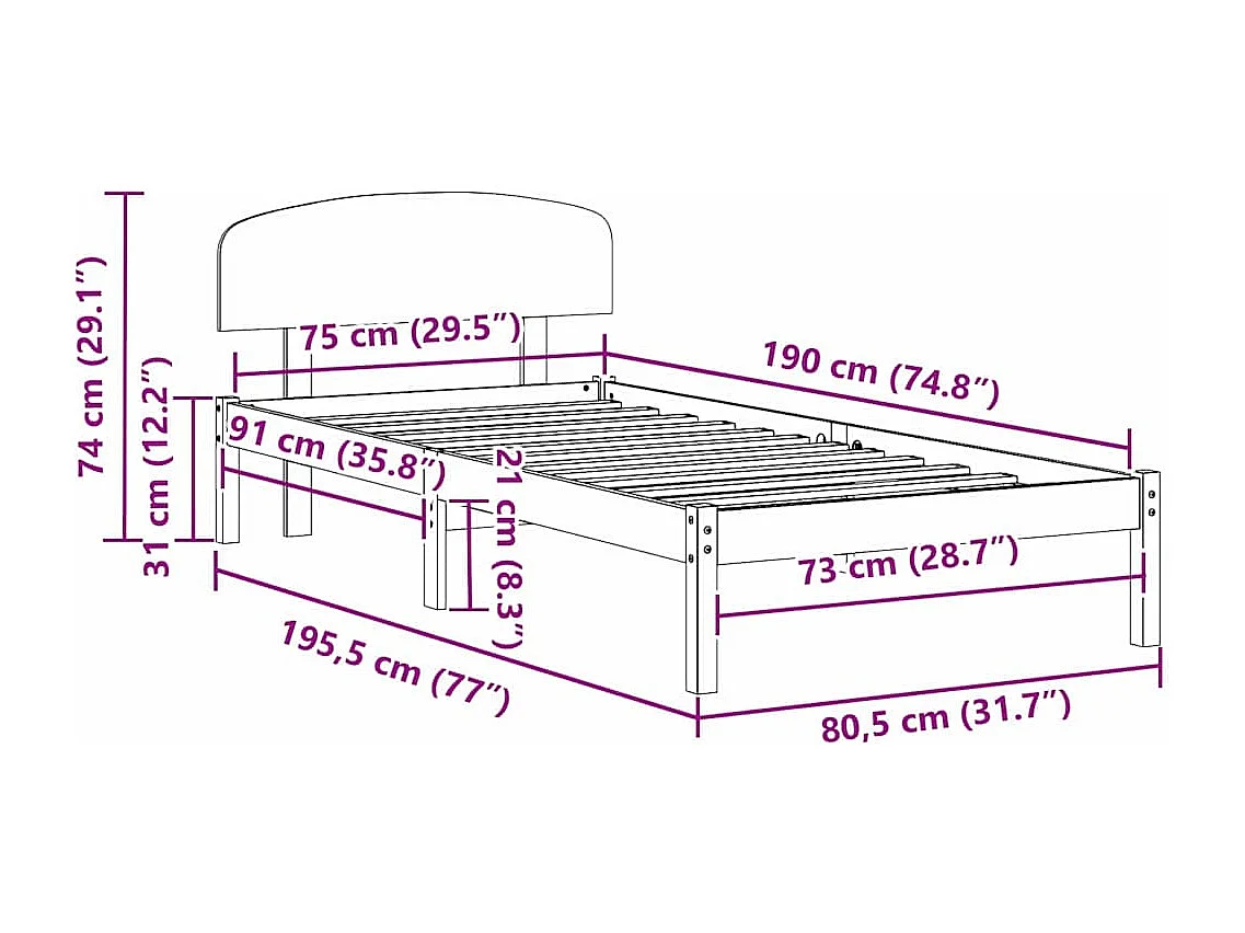 Estrutura da Cama Branco 75 x 190 cm Madeira de Pinheiro Sólida