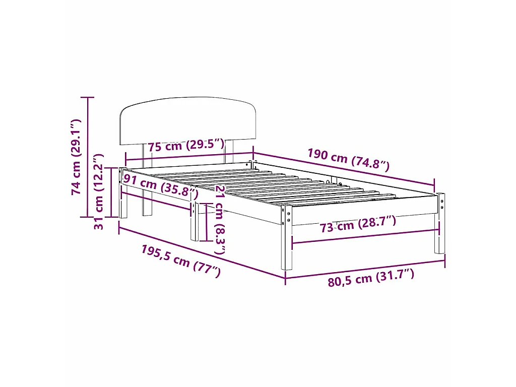 Bedframe met hoofdeinde Wit 75 x 190 cm Massief grenenhout
