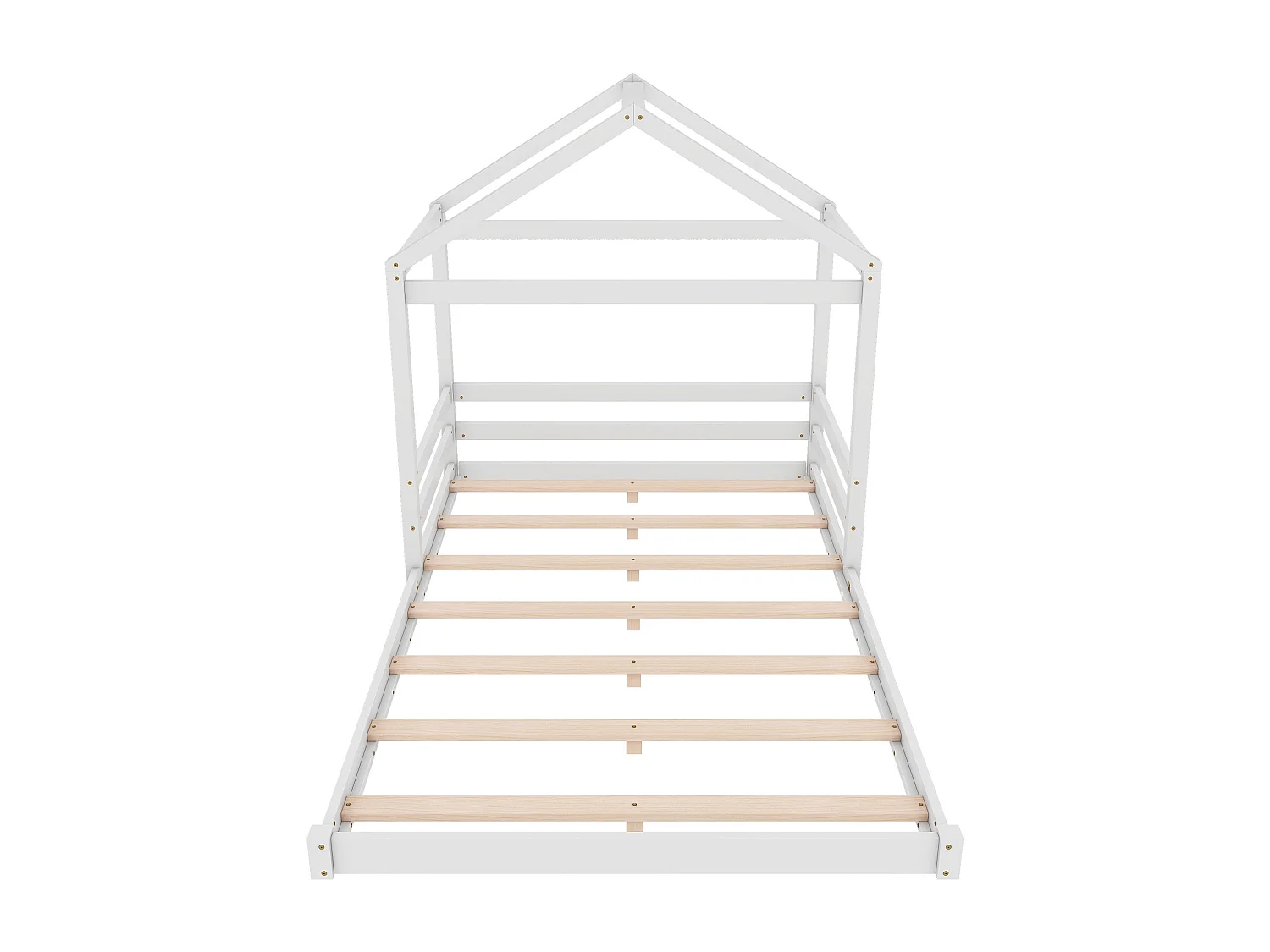 Cama infantil casita 140x200 cm en madera maciza con somier de láminas, estilo minimalista blanco