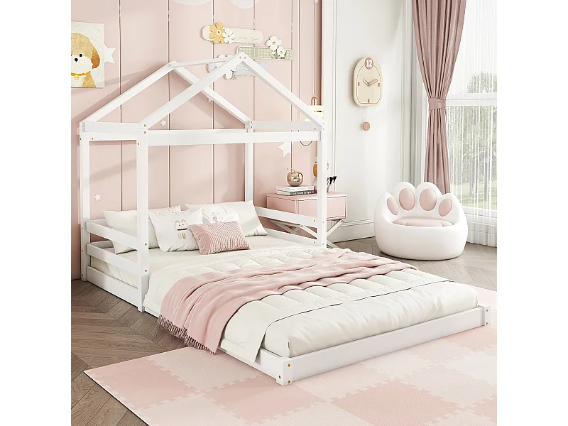 Cama infantil casita 140x200 cm en madera maciza con somier de láminas, estilo minimalista blanco