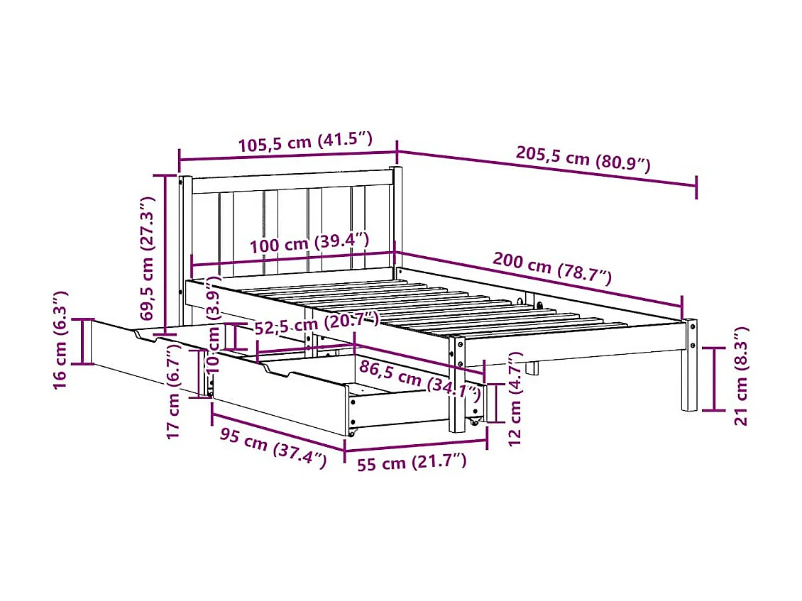 Cadre de lit sans matelas cire marron 100x200cm bois pin massif