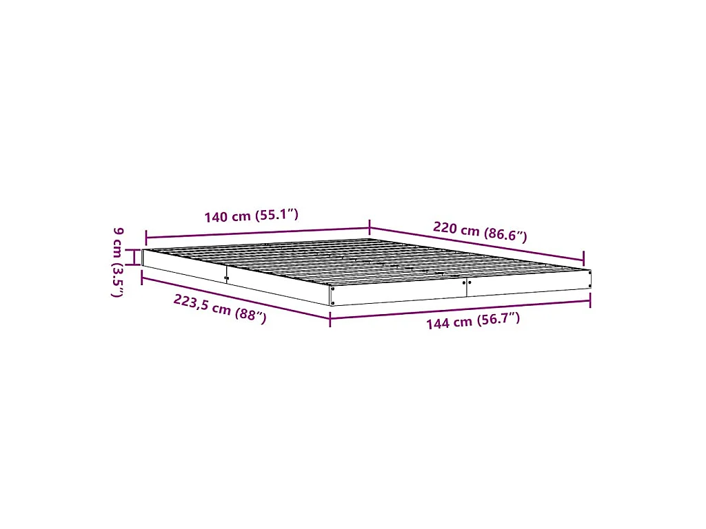 Bodenbettrahmen Weiß 140 x 220 cm Massives Kiefernholz
