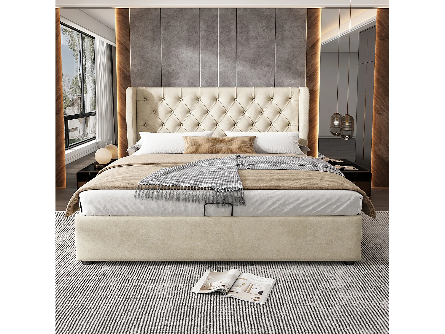Cama de matrimonio 180x200 terciopelo beige con canapé hidráulico y cabecero acolchado