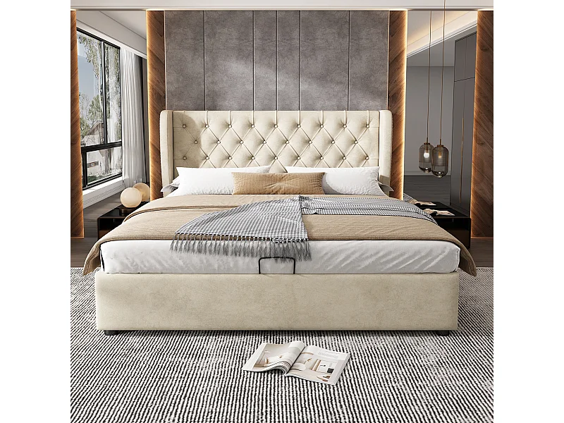 Cama de matrimonio 180x200 terciopelo beige con canapé hidráulico y cabecero acolchado