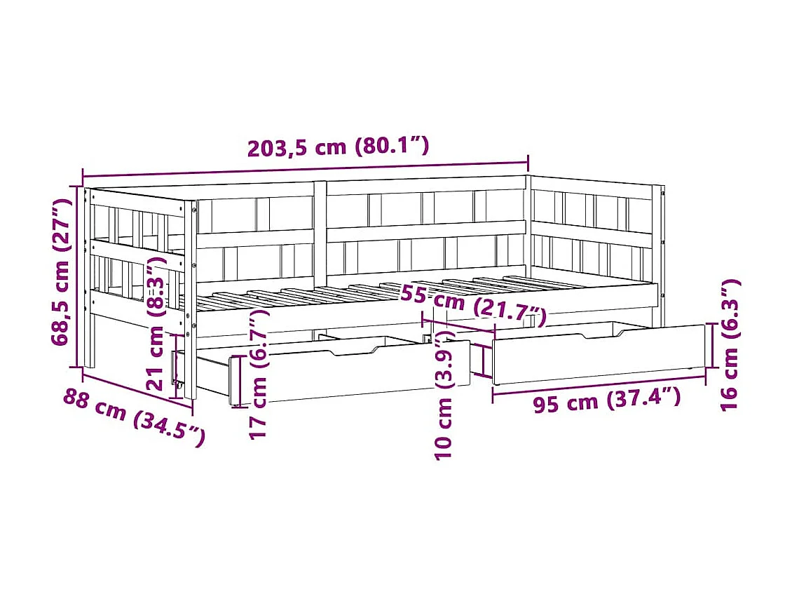 Lit de jour avec tiroirs sans matelas cire marron 80x200cm bois