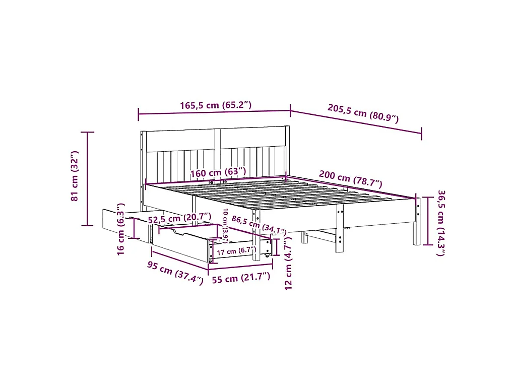 Cadre de lit sans matelas cire marron 160x200cm bois pin massif
