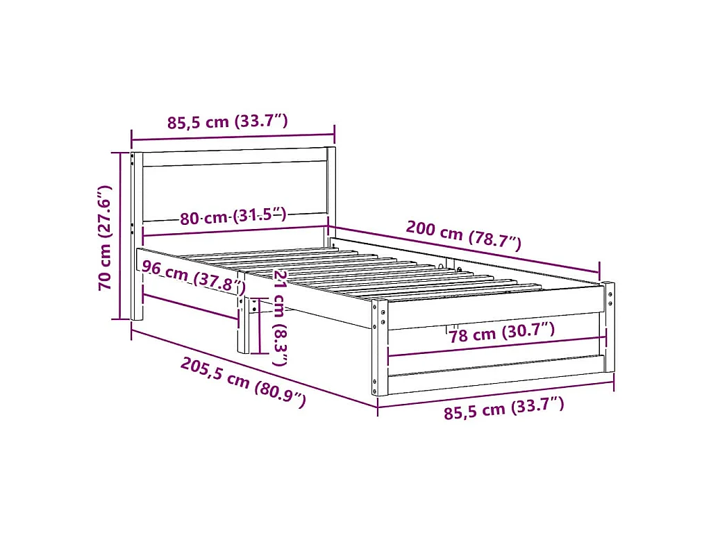 Cadre de lit avec tête de lit Blanc 80 x 200 cm Pin massif