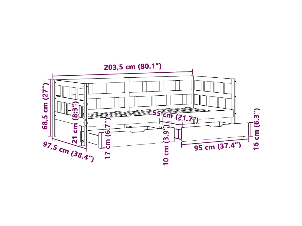 Lit de jour avec tiroirs sans matelas cire marron 90x200cm bois