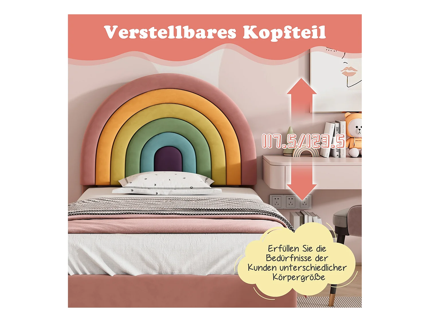 Cama de terciopelo rosa de 90x200 cm con cabecero ajustable, estructura de madera, individual adulto y adolescente