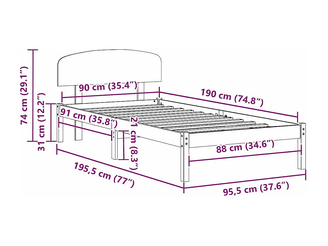 Cadre de lit avec tête de lit Blanc 90 x 190 cm Pin massif