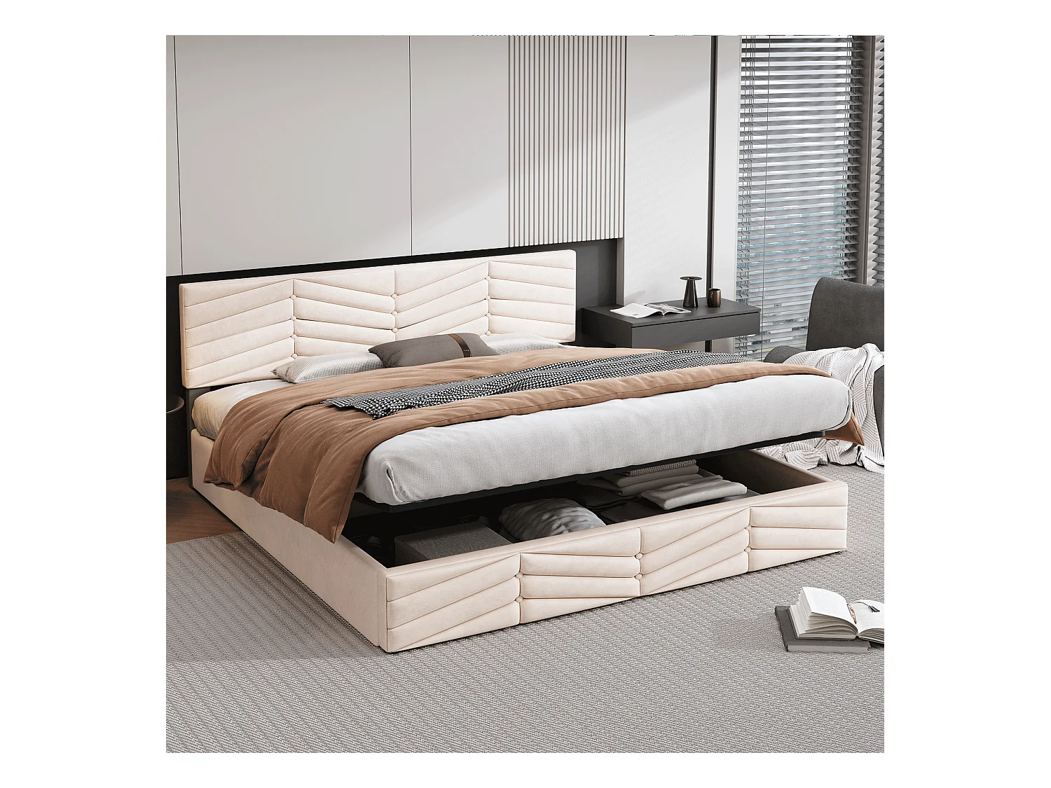 Cama de matrimonio 160x200 cm terciopelo con canapé hidráulico y cabecero regulable beige