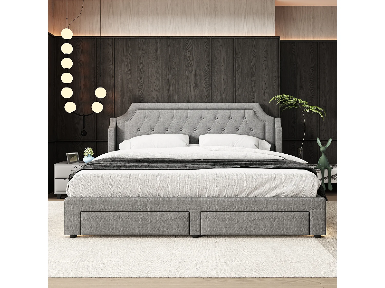 Cama Polster 180x200 cm lino con LED y 2 cajones de almacenaje grises para adultos y adolescentes