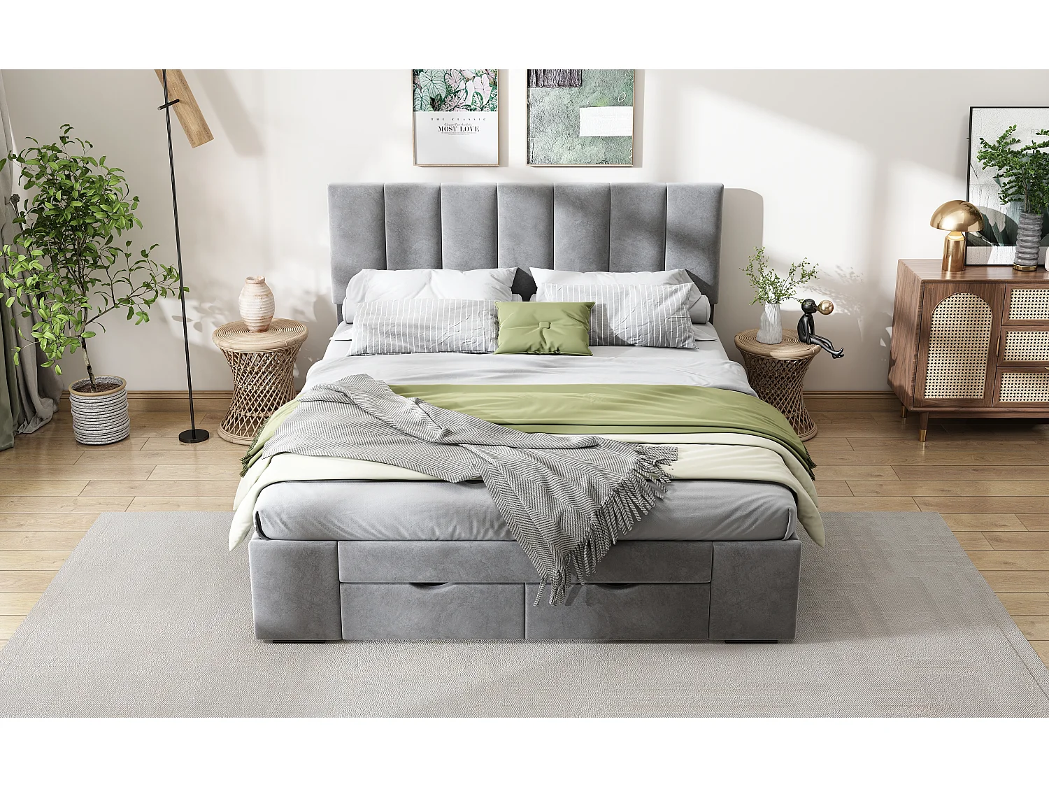 Cama de casal 140x200 cm em veludo cinza com base, cabeceira e 4 gavetas de arrumação