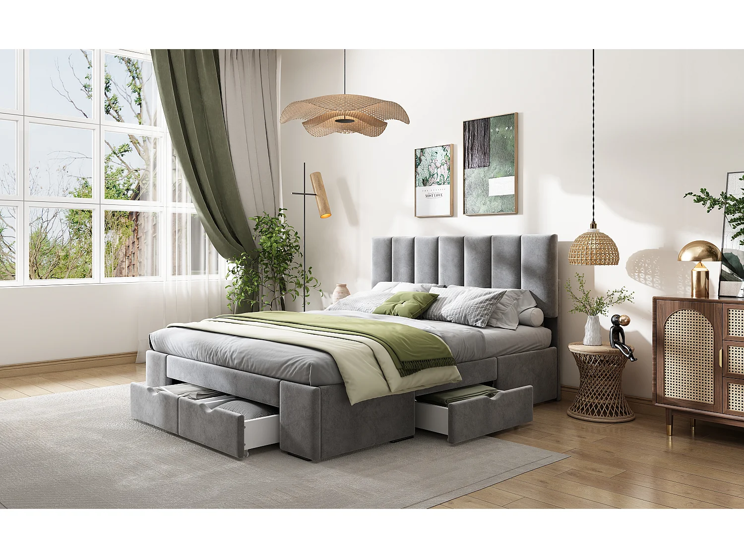 Cama de casal 140x200 cm em veludo cinza com base, cabeceira e 4 gavetas de arrumação