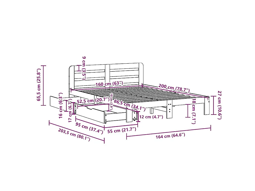 Cadre de lit sans matelas cire marron 160x200cm bois pin massif