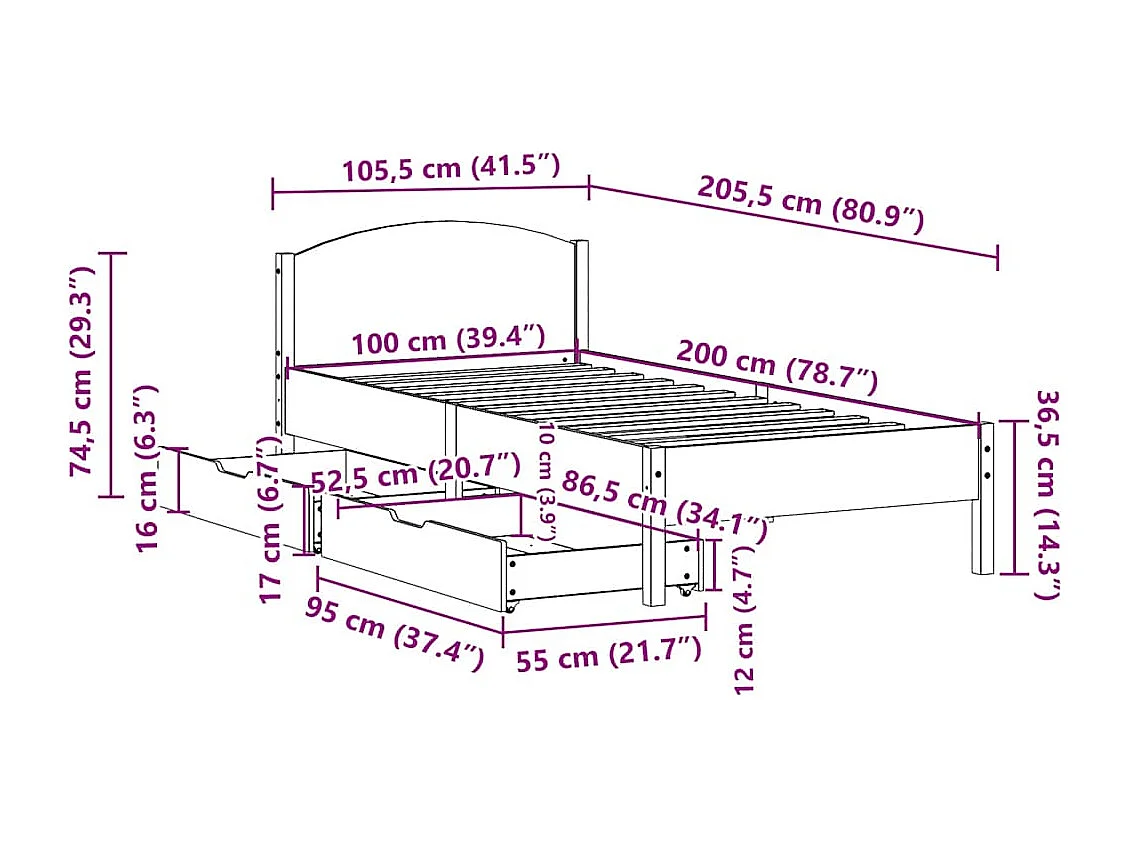 Cadre de lit sans matelas cire marron 100x200cm bois pin massif