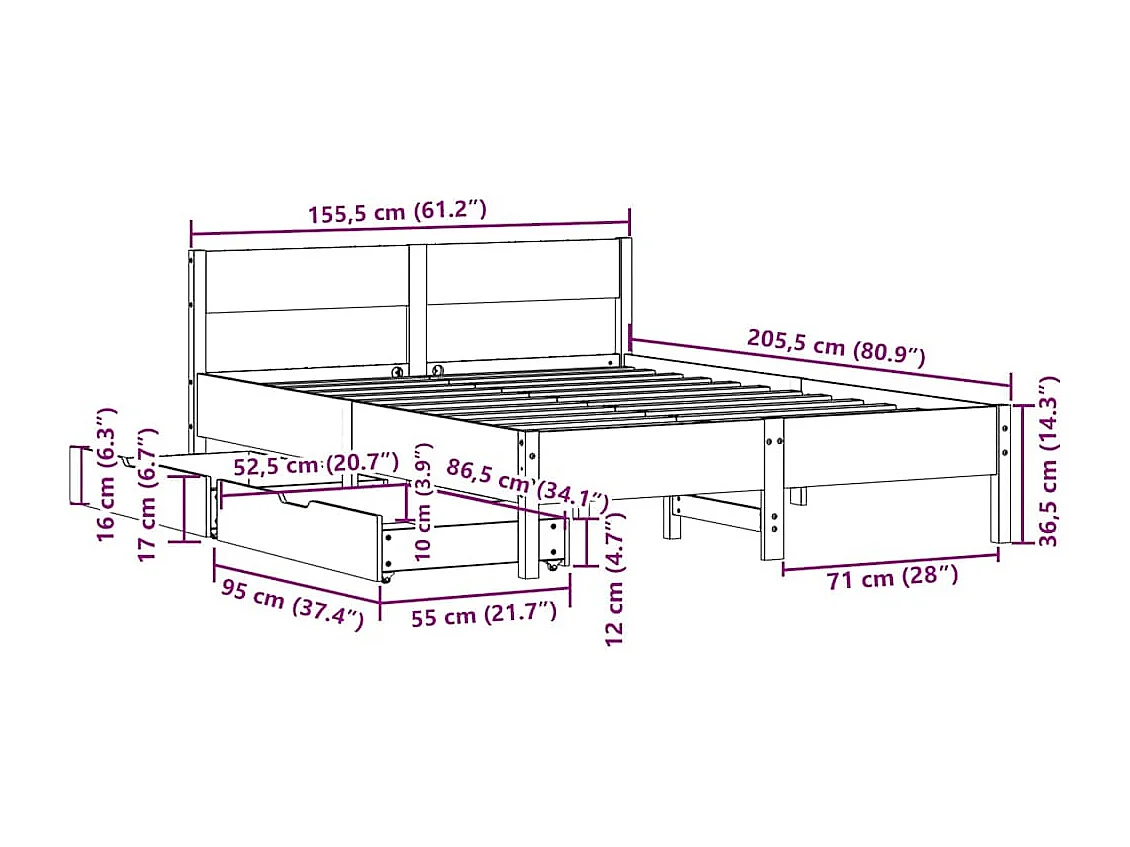 Letto senza Materasso Marrone Cera 150x200 cm in Legno di Pino