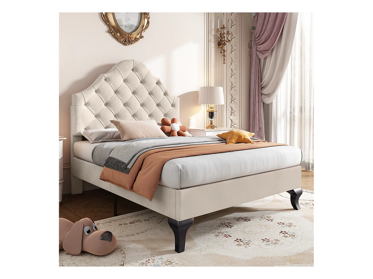 Lit adulte 90x200 cm in velluto con tête de lit ajustable, cadre bois, beige, semplice