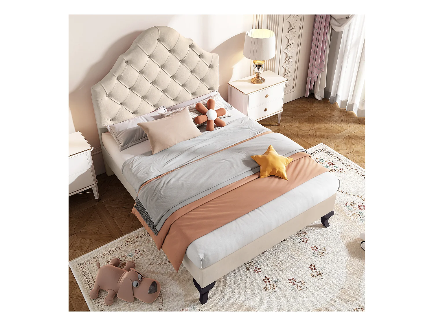 Lit adulte 90x200 cm in velluto con tête de lit ajustable, cadre bois, beige, semplice