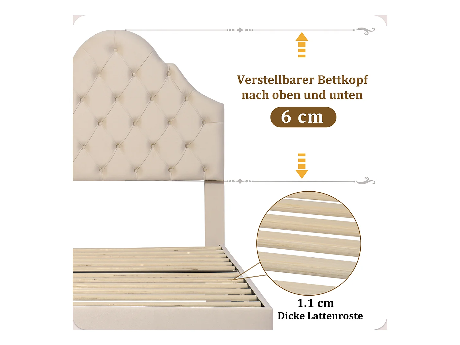 Lit adulte 90x200 cm in velluto con tête de lit ajustable, cadre bois, beige, semplice
