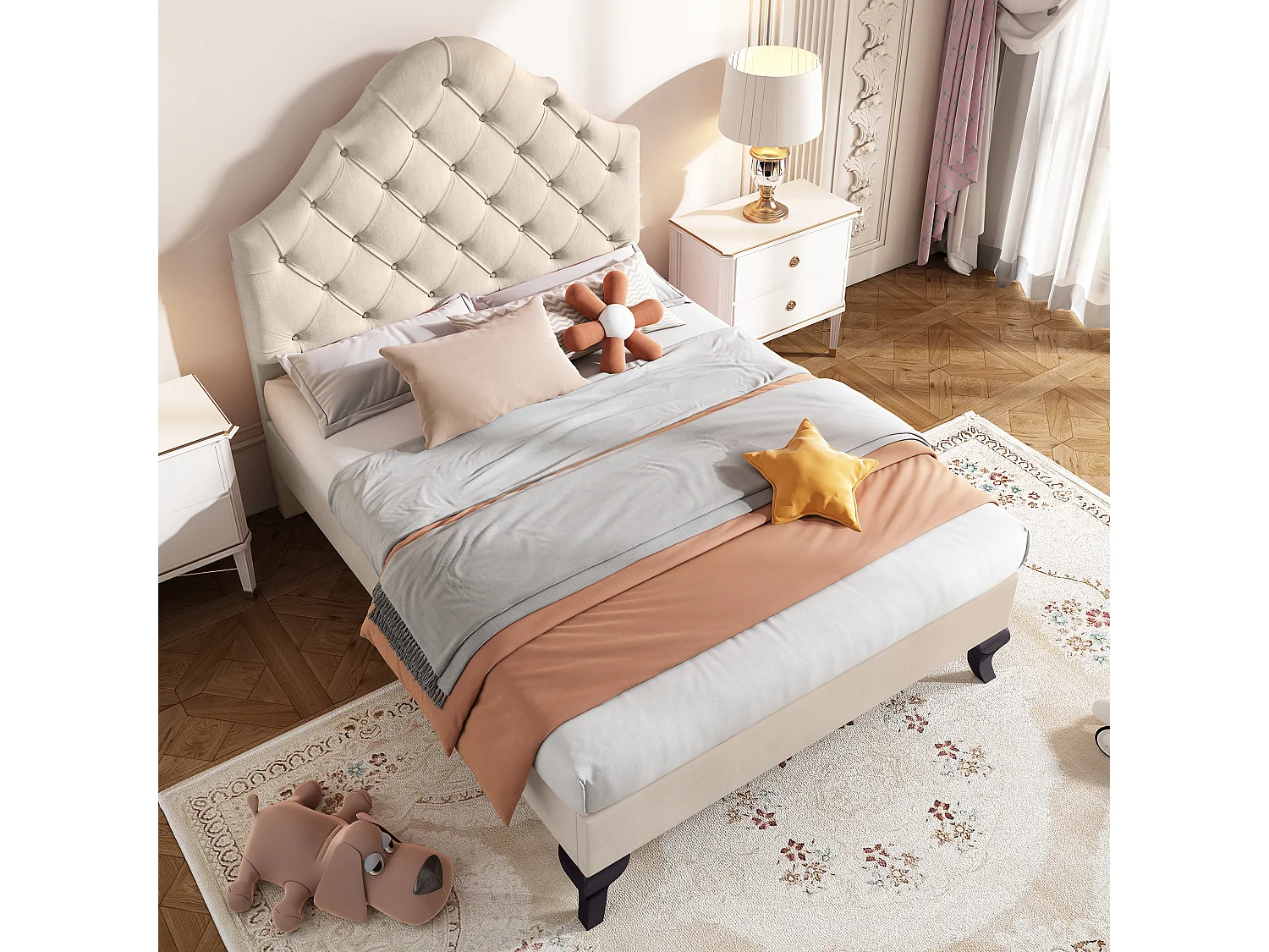 Lit adulte 90x200 cm in velluto con tête de lit ajustable, cadre bois, beige, semplice