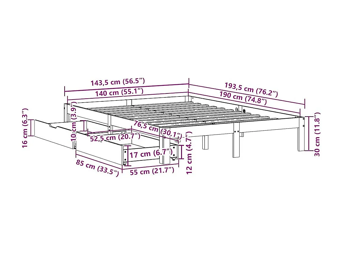 Massivholzbett mit Schubladen 140x190 cm Kiefer