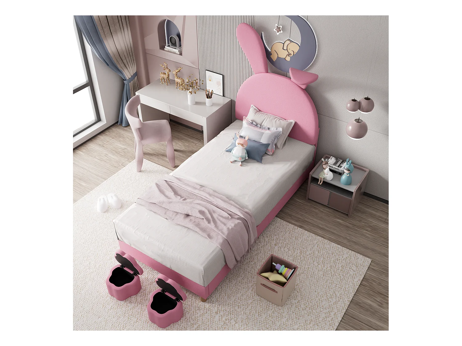 Lit adolescente 90x200 rose en velours français avec LED, rangements et tête réglable