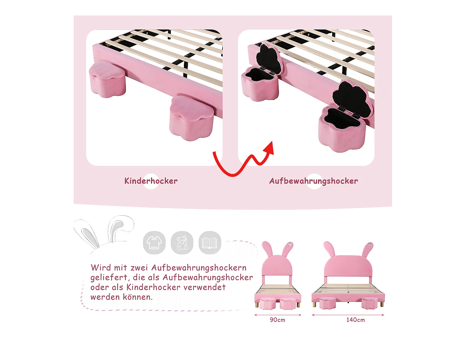 Lit adolescente 90x200 rose en velours français avec LED, rangements et tête réglable