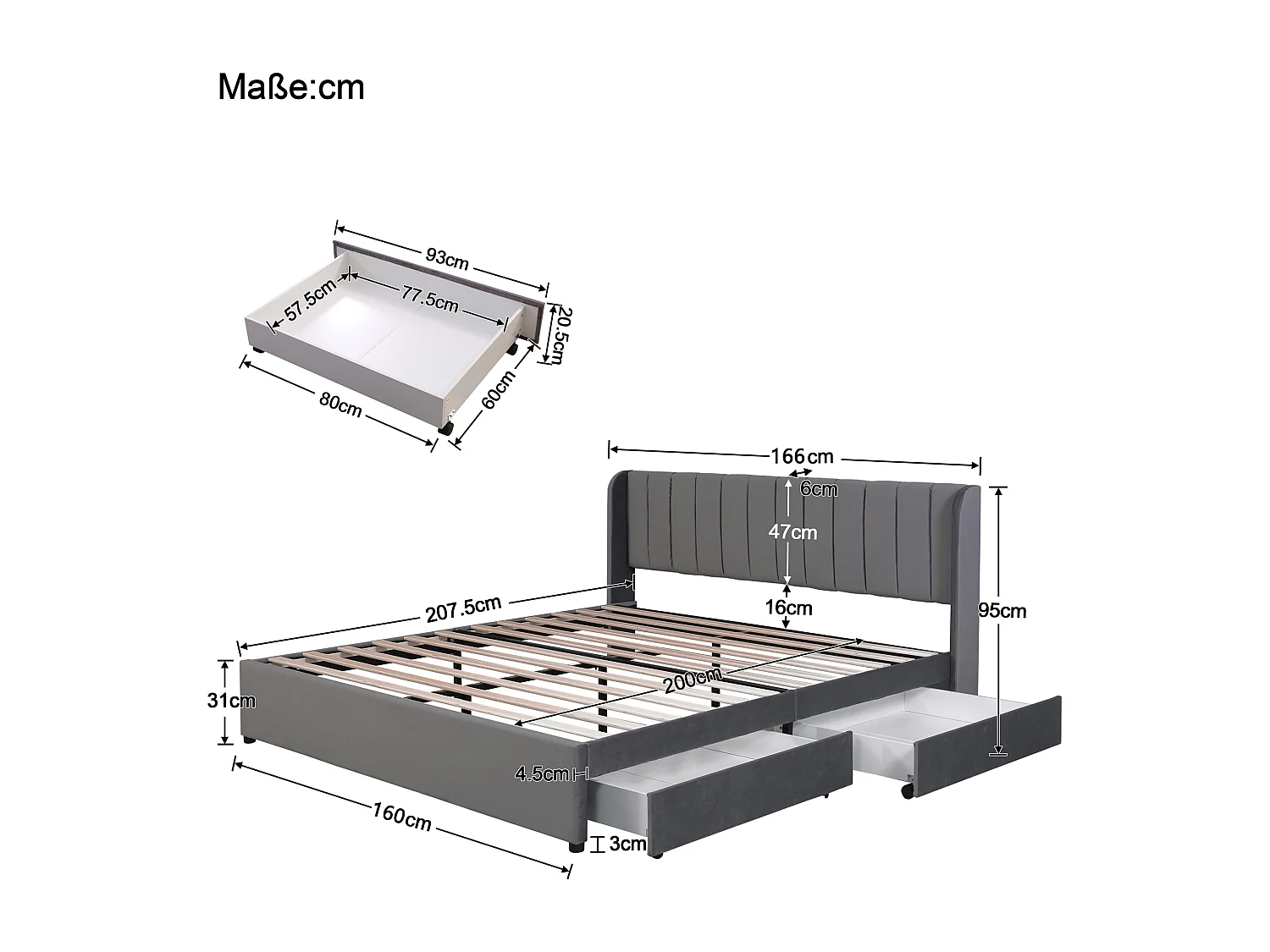 Cama de matrimonio 160x200 cm en terciopelo gris con cabecero tapizado, 2 cajones y somier de láminas.