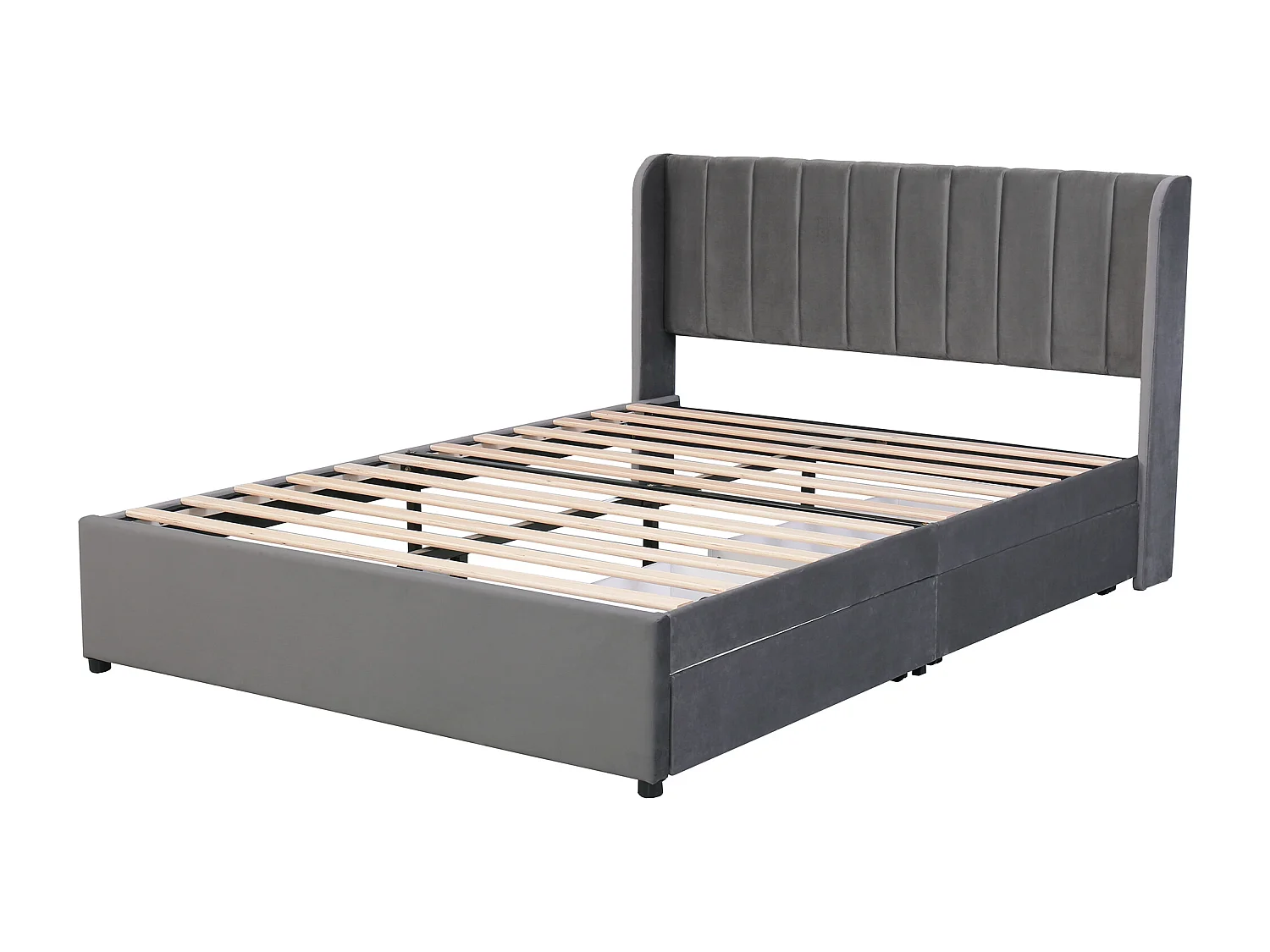 Cama de matrimonio 160x200 cm en terciopelo gris con cabecero tapizado, 2 cajones y somier de láminas.