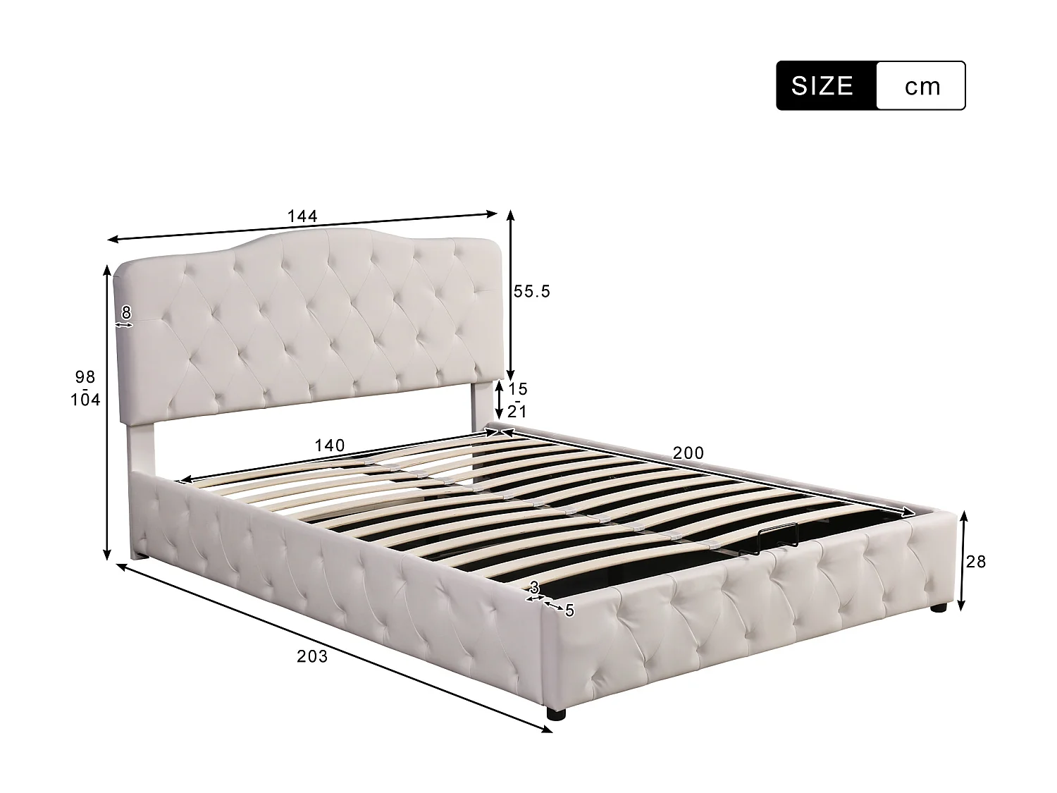 Cama de casal 140x200 cm em pele sintética branca com cabeceira regulável e arrumação hidráulica