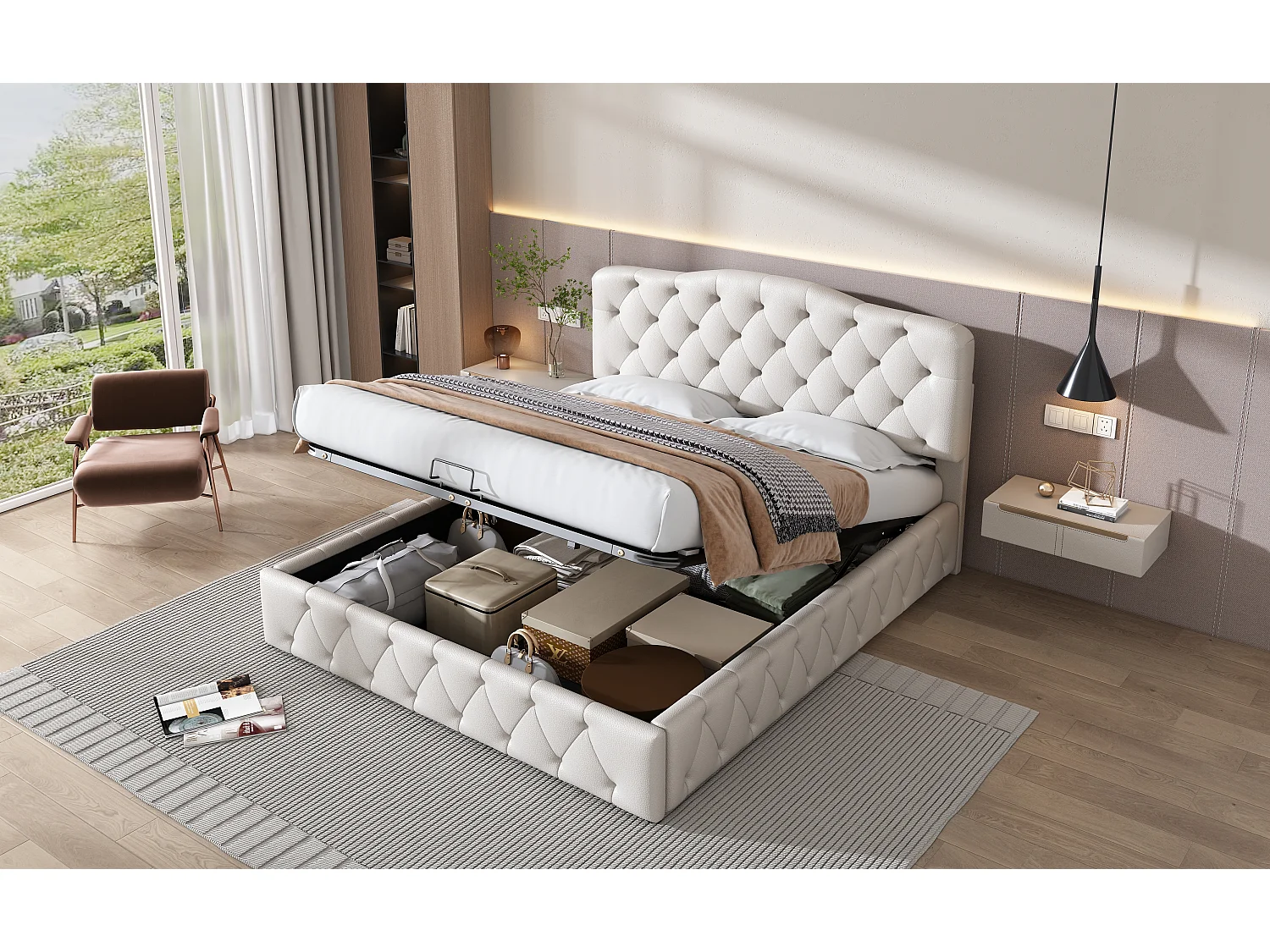 Cama de casal 140x200 cm em pele sintética branca com cabeceira regulável e arrumação hidráulica