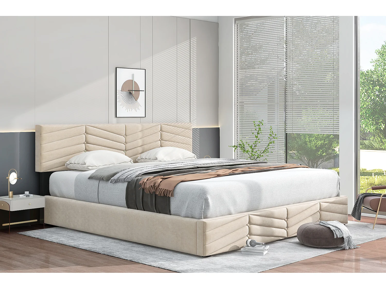 Cama de matrimonio 180x200 cm en terciopelo beige con cabecero regulable y canapé hidráulico.