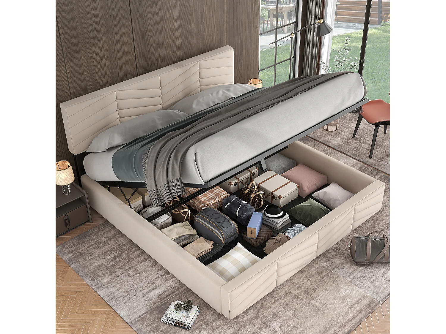 Lit double 180x200 cm in velluto beige con testata illuminata regolabile e regolazione idraulica