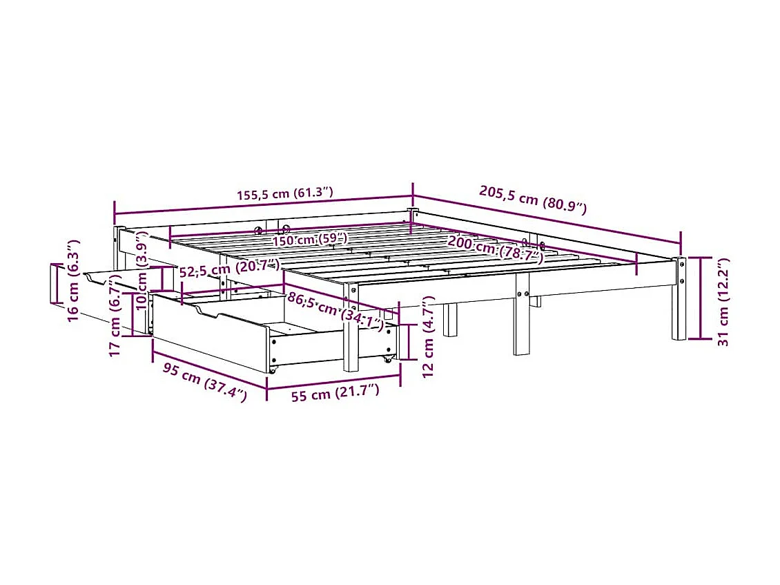 Bedframe zonder matras massief grenenhout wasbruin 150x200 cm