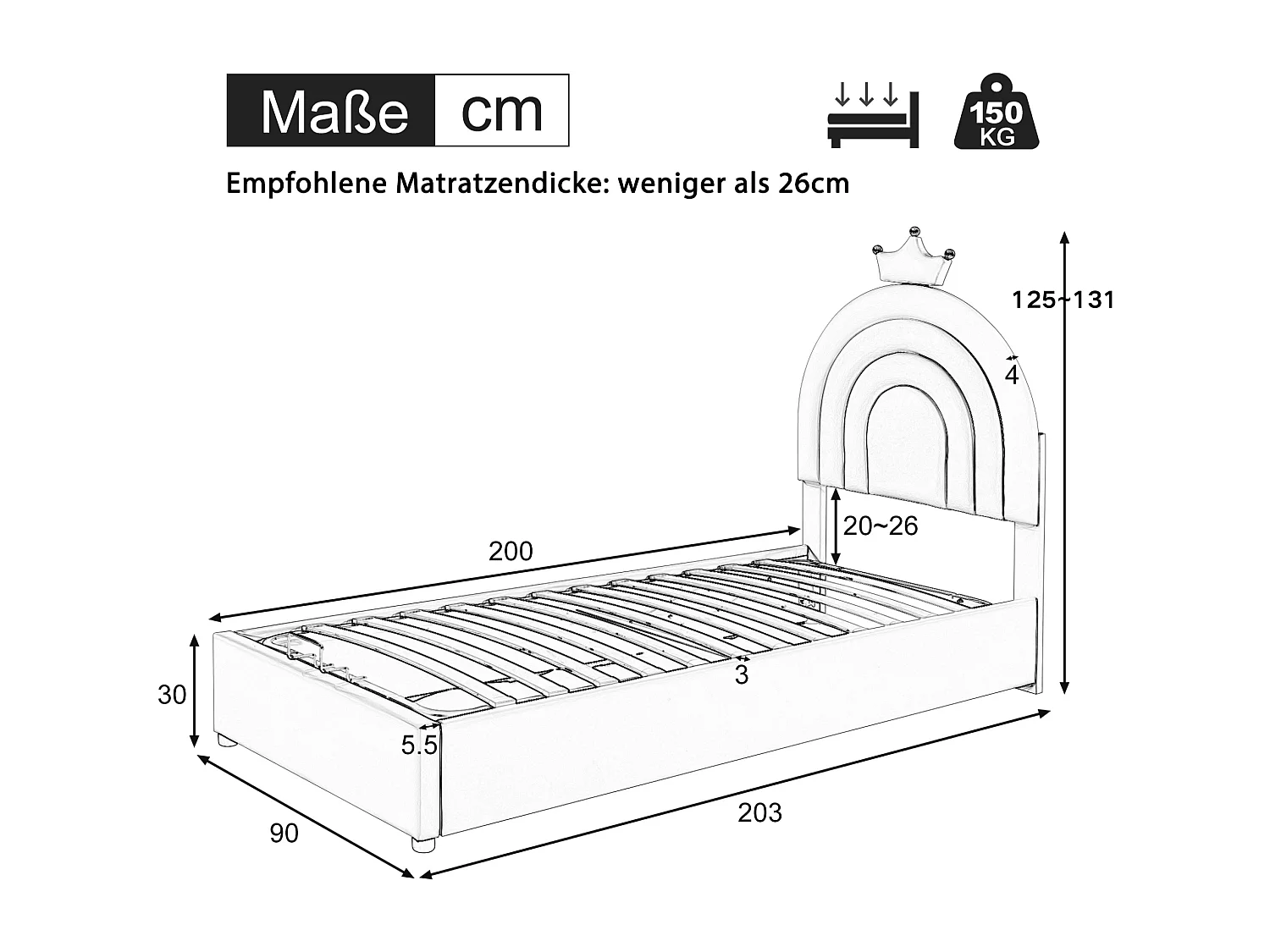 Cama juvenil 90x200 PU hidráulica rosa con cabecero y base regulables