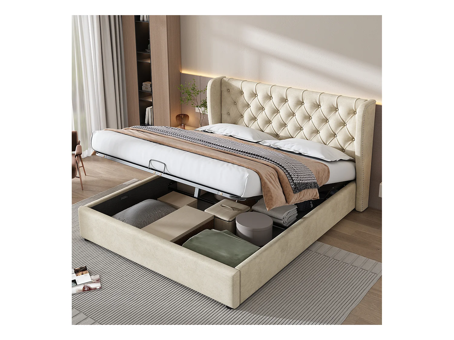 Cama de casal 140x190 em veludo bege, almofada acolchoada com armazenamento hidráulico e base de ripas