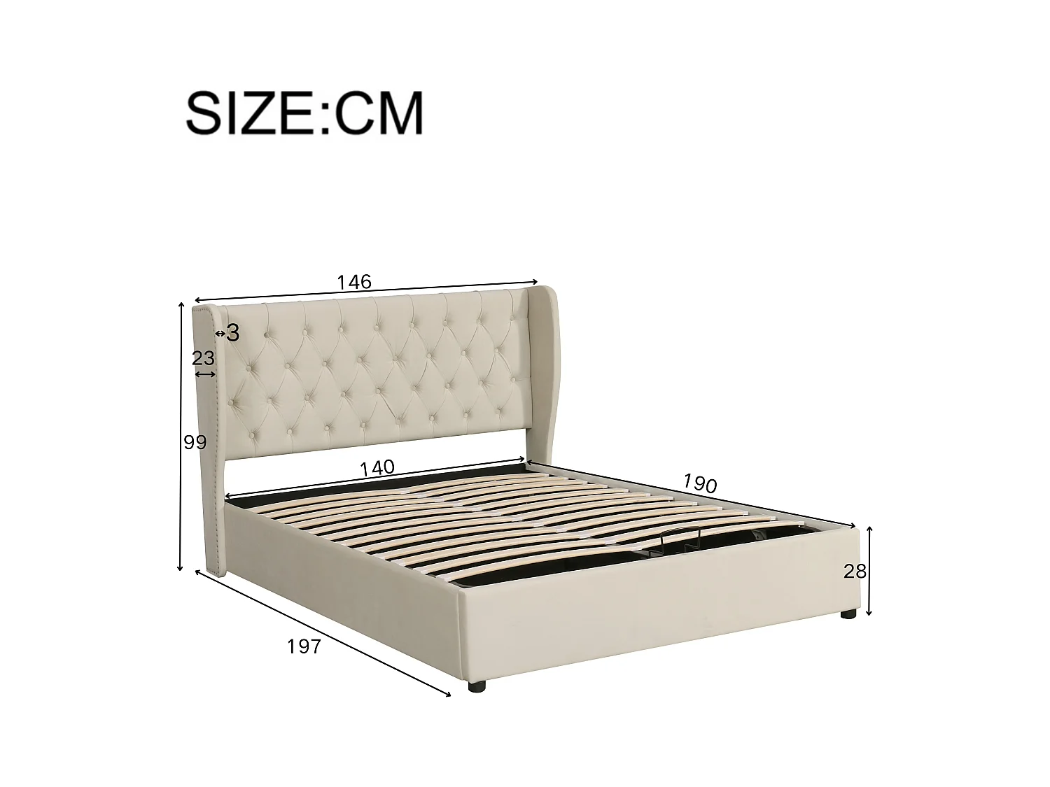 Cama de casal 140x190 em veludo bege, almofada acolchoada com armazenamento hidráulico e base de ripas