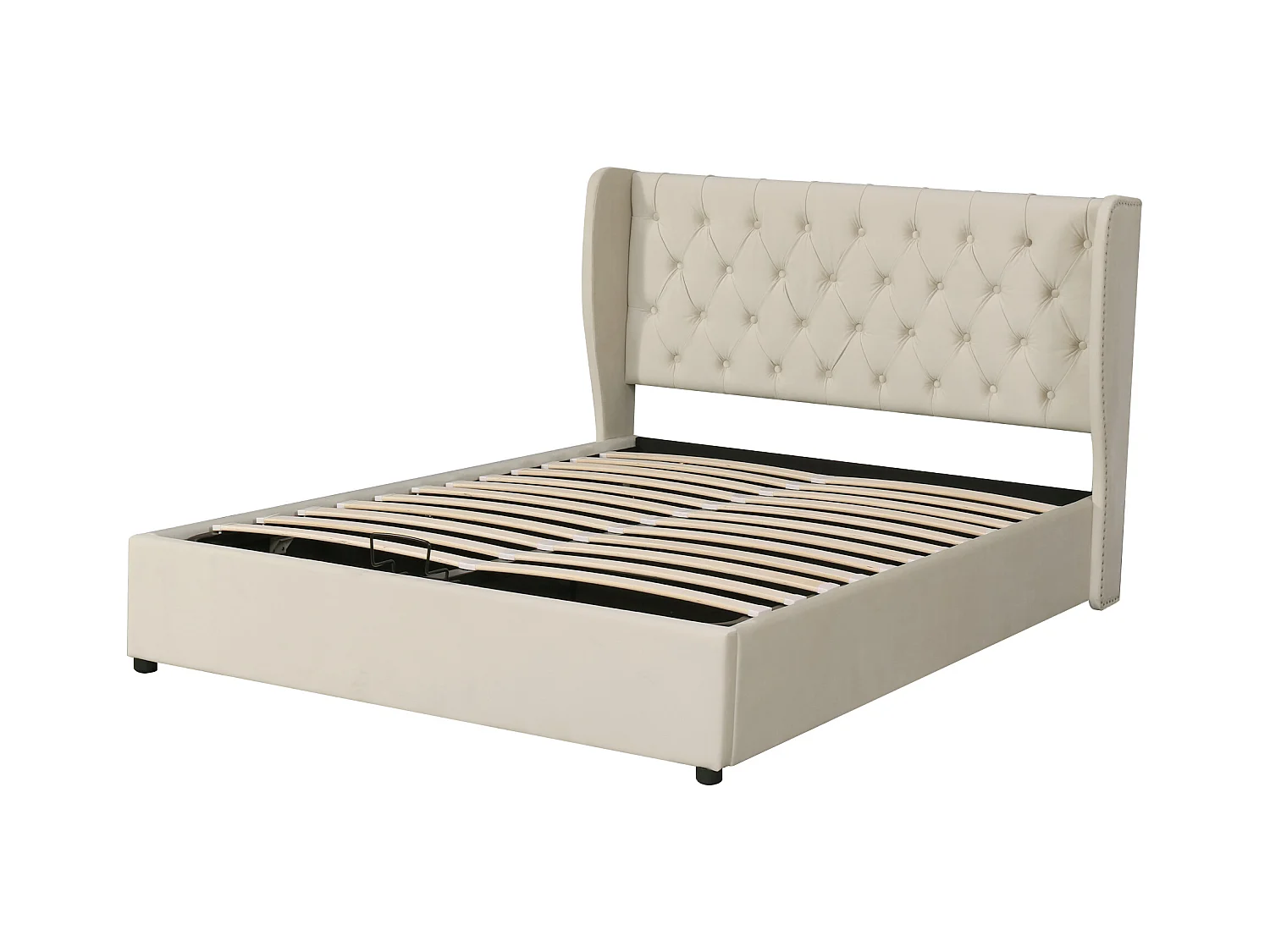 Cama de casal 140x190 em veludo bege, almofada acolchoada com armazenamento hidráulico e base de ripas