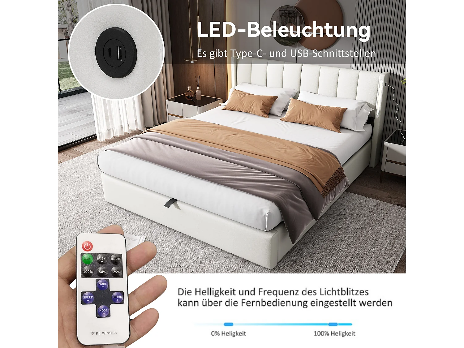 Cama de casal 140x200 PU branca com LED, armazenamento hidráulico, cabeceira ajustável e USB