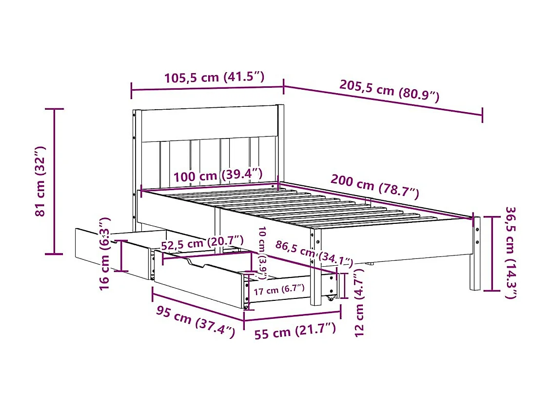 Cadre de lit sans matelas cire marron 100x200cm bois pin massif