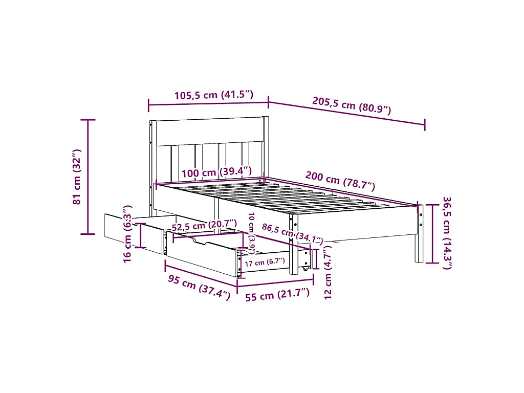 Cadre de lit sans matelas cire marron 100x200cm bois pin massif